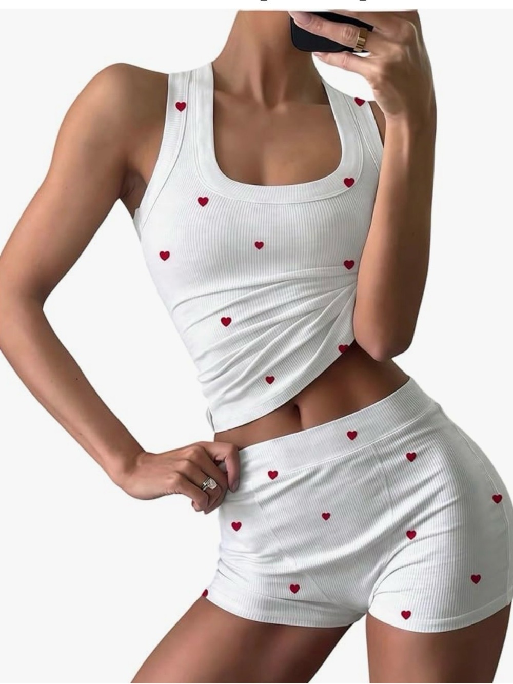 Heart-Print Ribbed Tank & Short Set - Picture 1 of 5